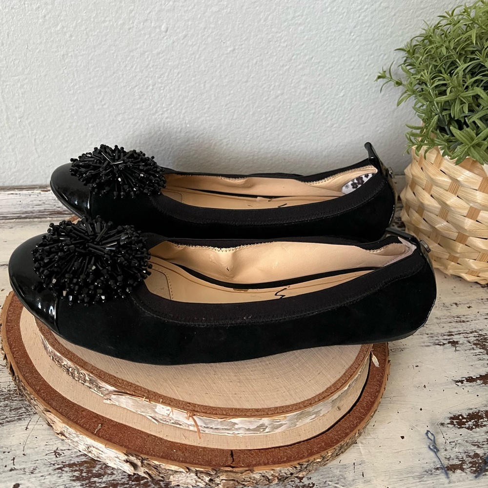 ✨SOLD✨ Alex Marie Shoes Black Leather Ballet Flats Size 8 Beaded Pom Pom - Picture 6 of 9